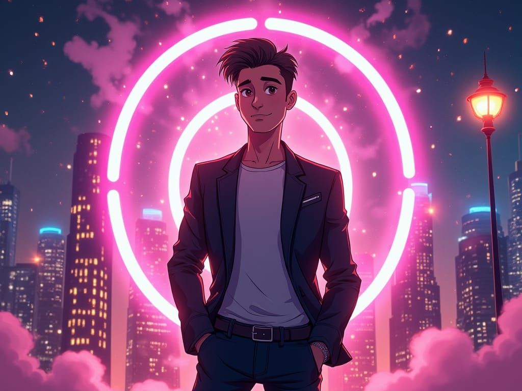 Animator in Front of Glowing Logo with Neon Particles