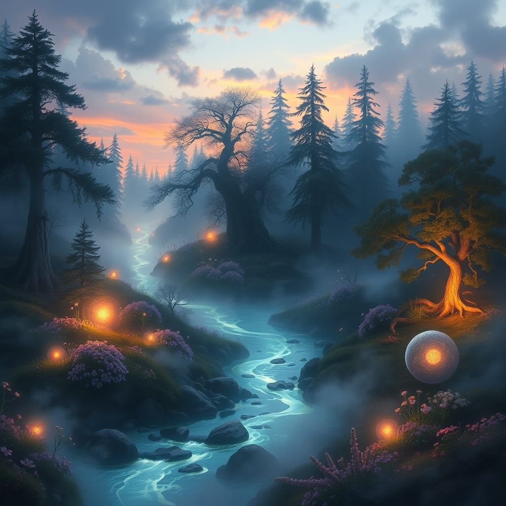 Surreal Fantasy Landscape at Twilight with Glowing River and...