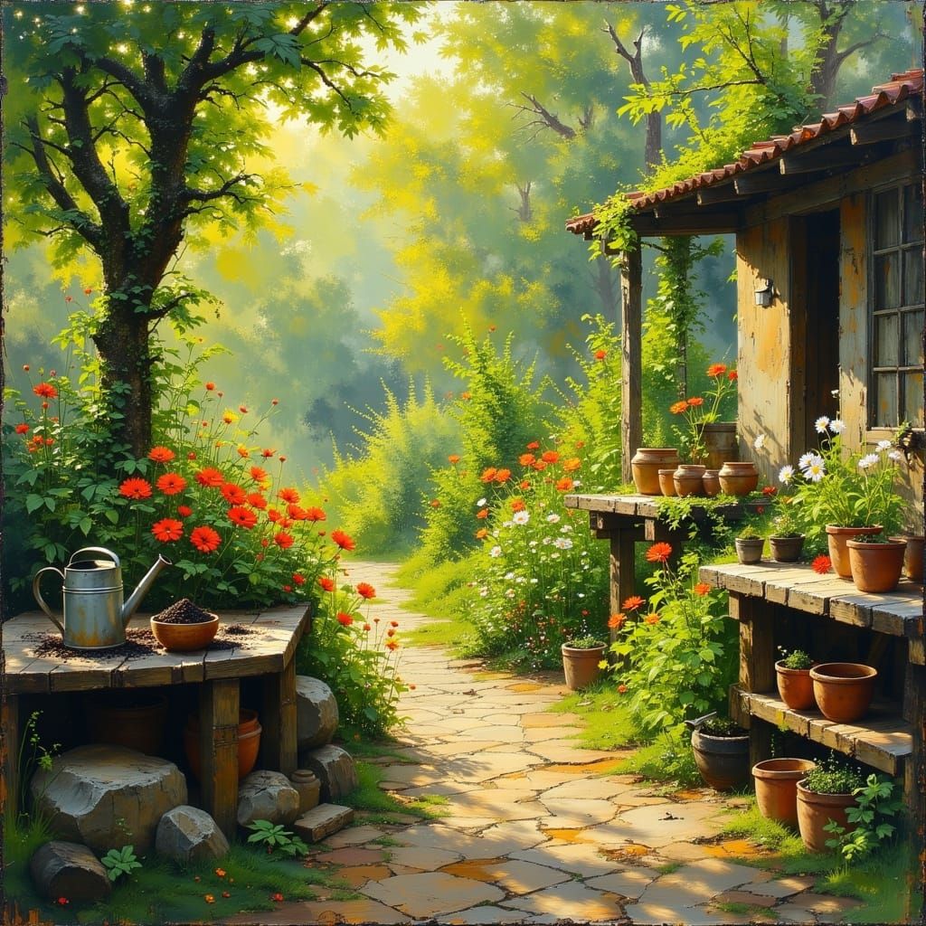 Serene Cottage Garden Morning Light Impressionistic Painting