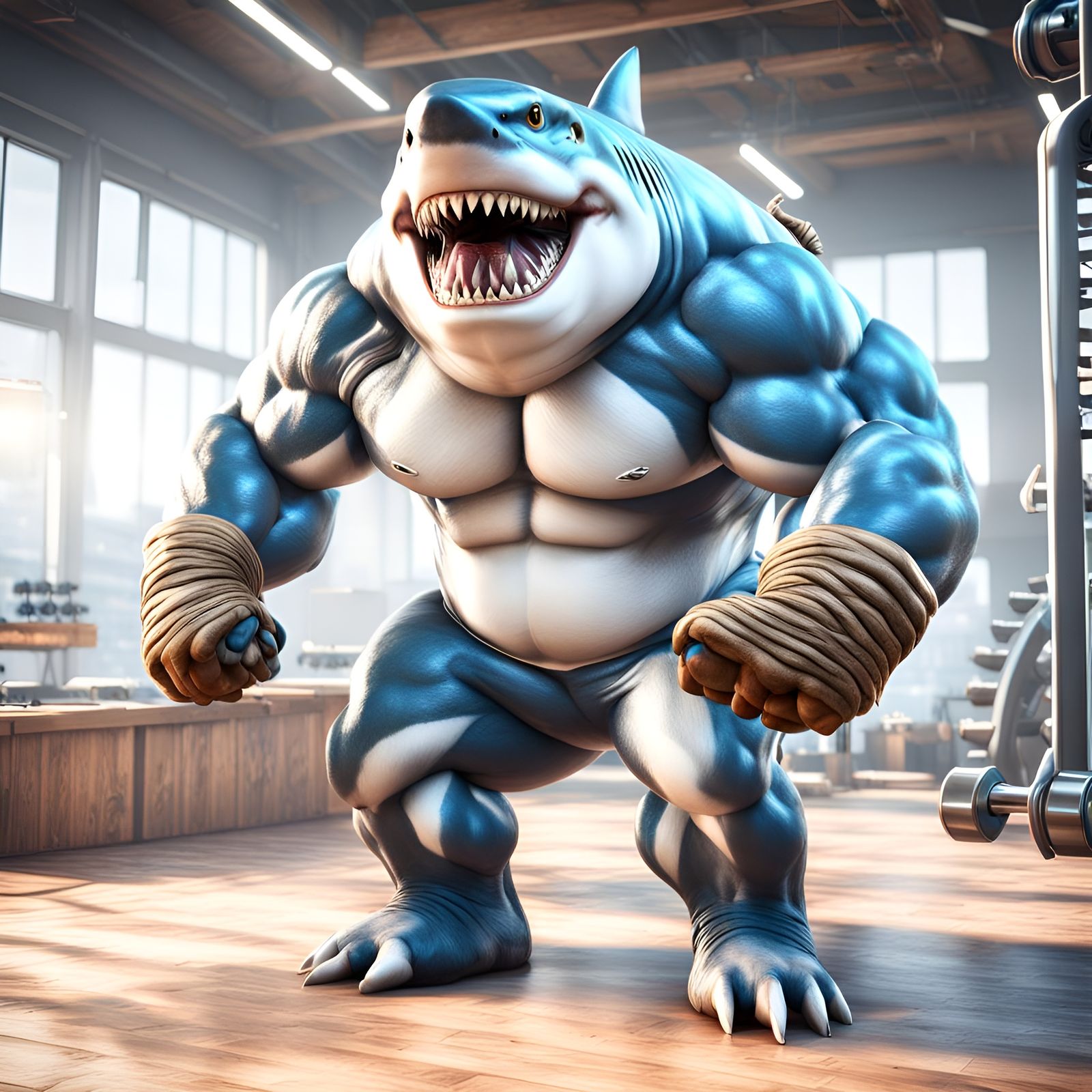 Furry Shark Bodybuilder with Latex Muscles in 3D