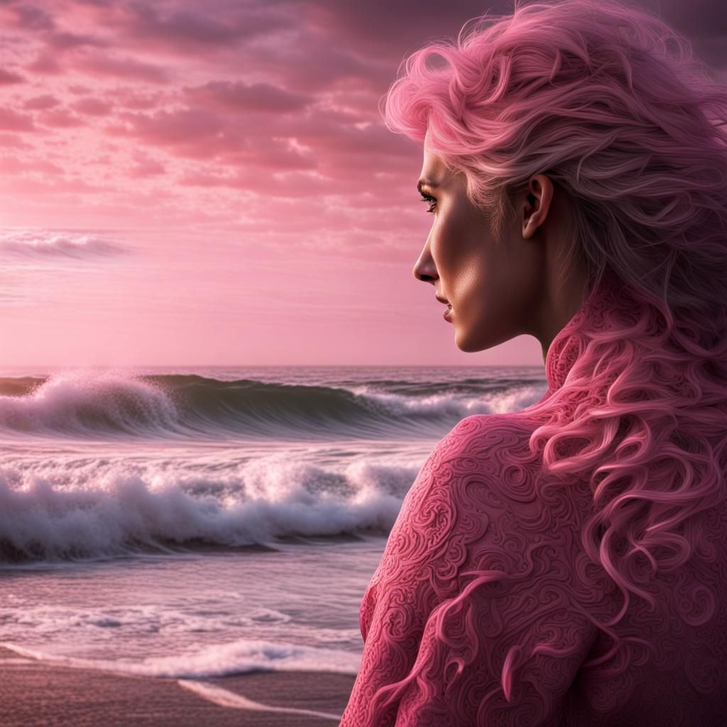 Pink Woman Admiring Ocean Waves at Dawn