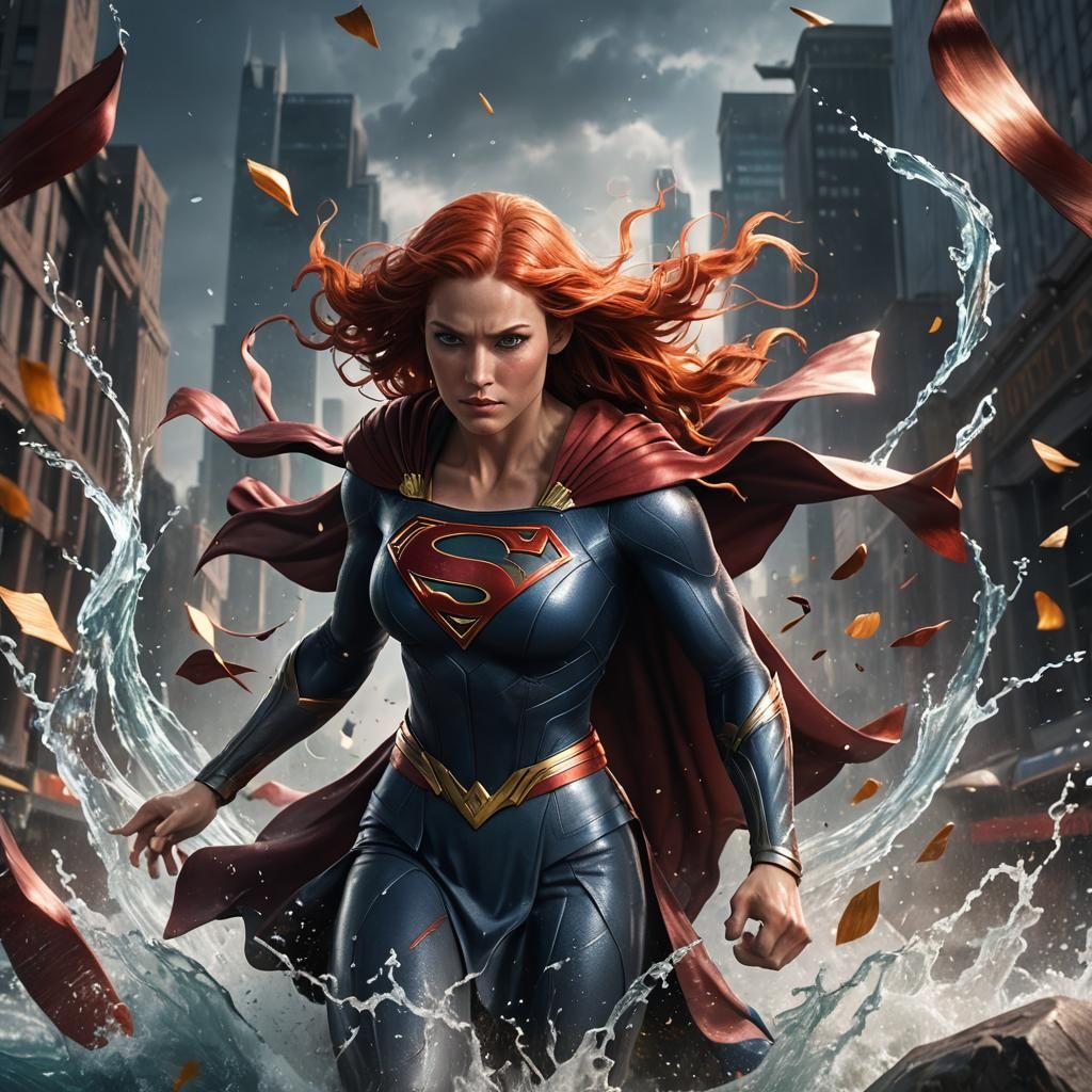 Dynamic Water-Bending Supergirl in Detailed Digital Painting