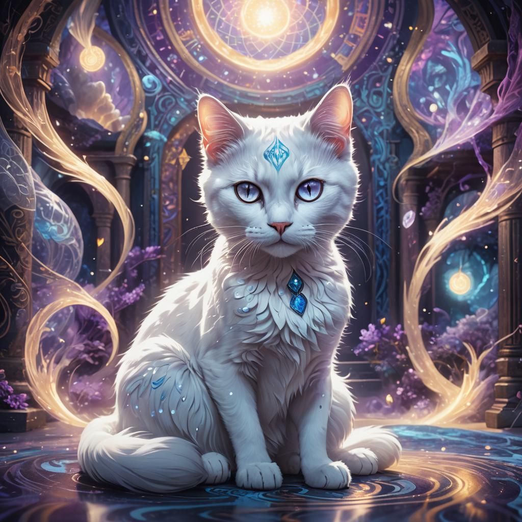 Mystical White Cat with Ethereal Aura