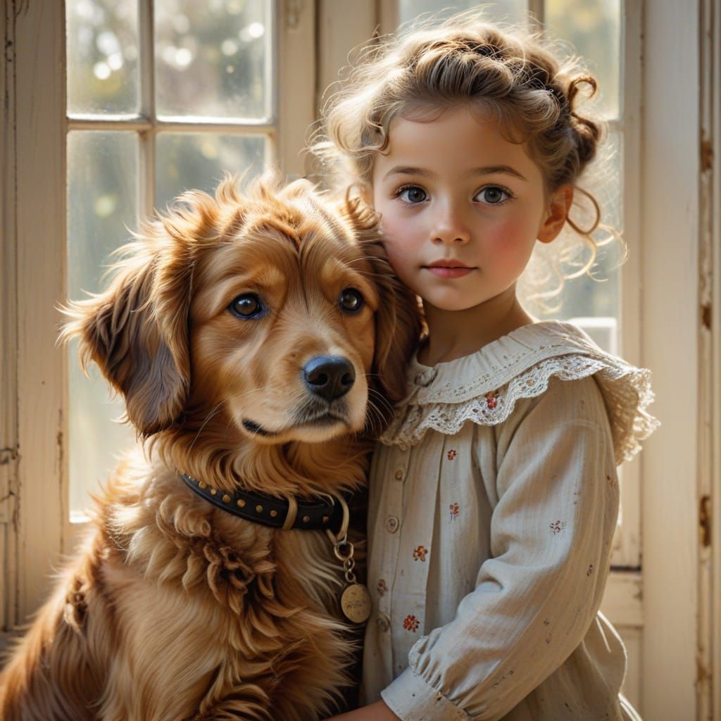 Joyful Toddler Siblings Hug Their Fluffy Dog in a Whimsical ...