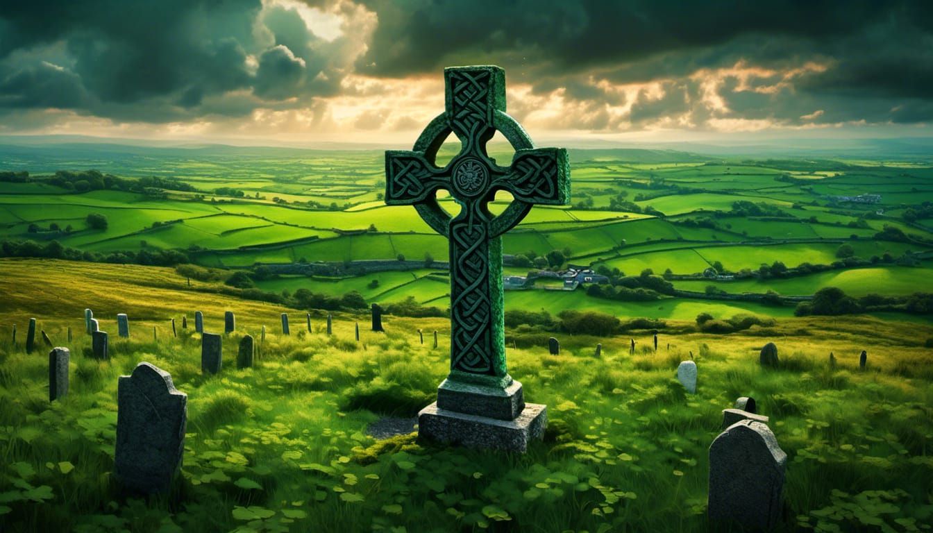 Celtic Cross Overlooking Ireland's Green Fields
