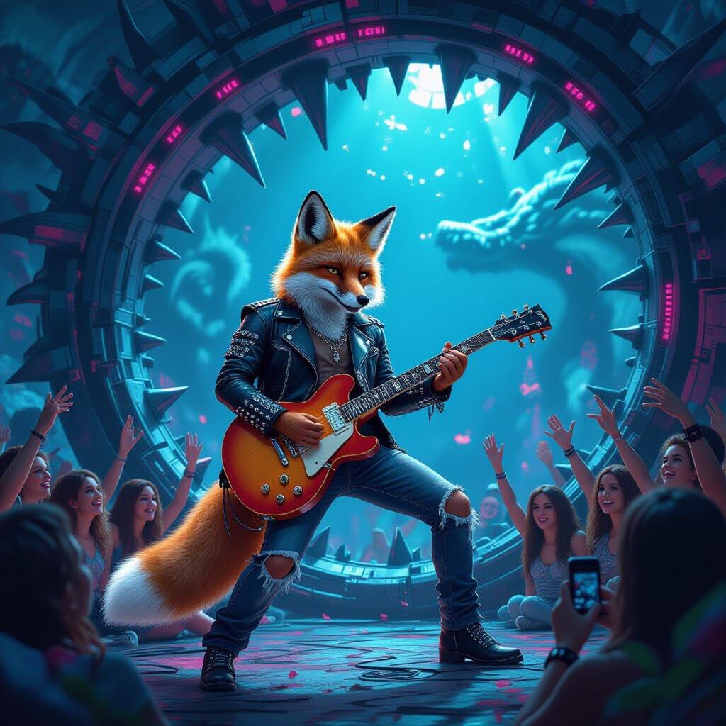 Cyberpunk Fox Shreds Guitar in Dragon Ribcage