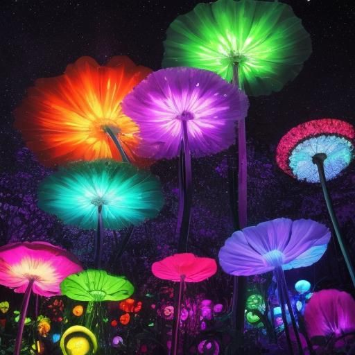 Psychedelic Neon Cosmos: UV Mushrooms and Rainbow Stars