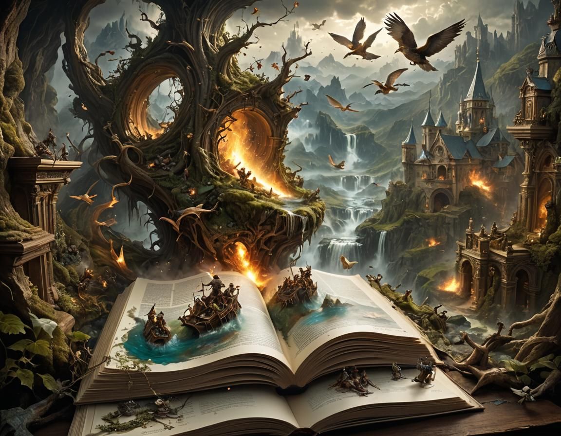 Miniature Fantasy World Exploding from Open Book