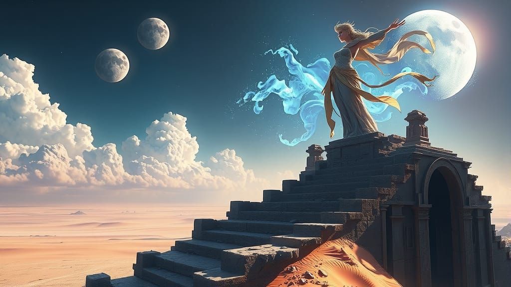Celestial Goddess Overlooking Cosmic Ruins