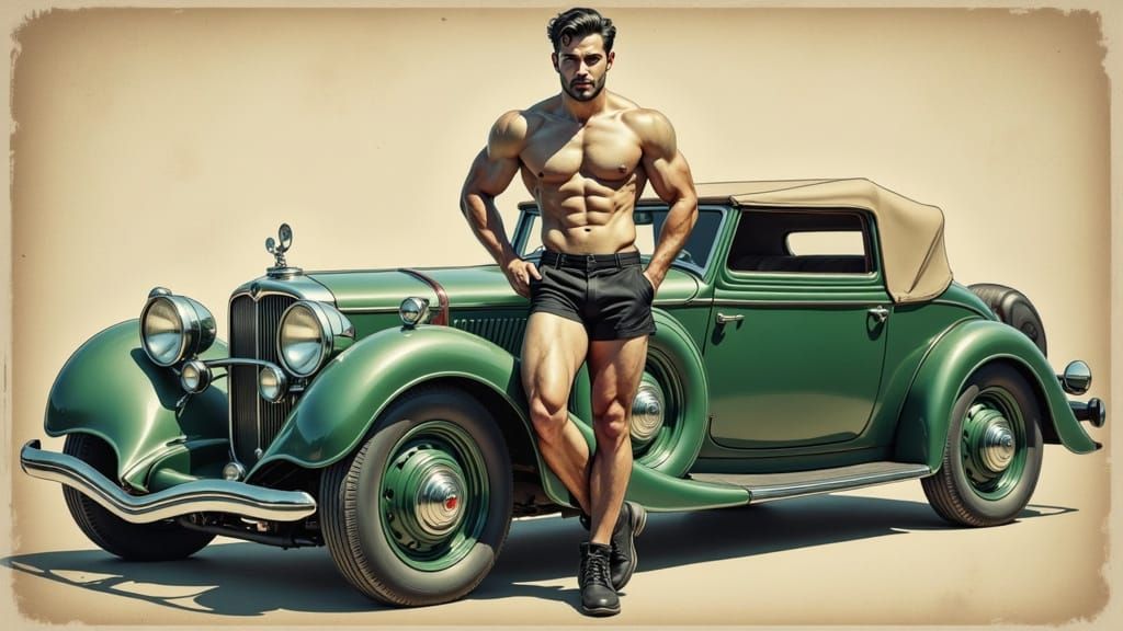 Confident Mechanic Poses with Vintage Luxury Car