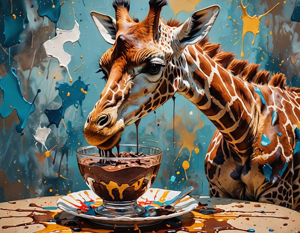 Vibrant Expressionist Giraffe Devours Chocolate Pudding with...