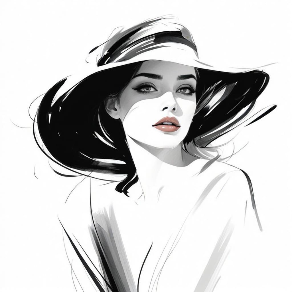 Minimalist Line Drawing of Elegant Woman with Hat