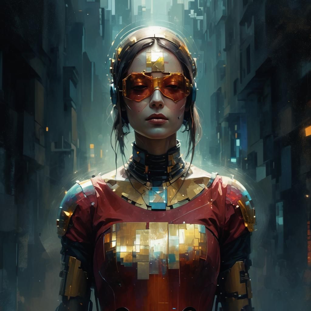 Futuristic Robot Girl Cello Player: Kandinsky-Inspired Art