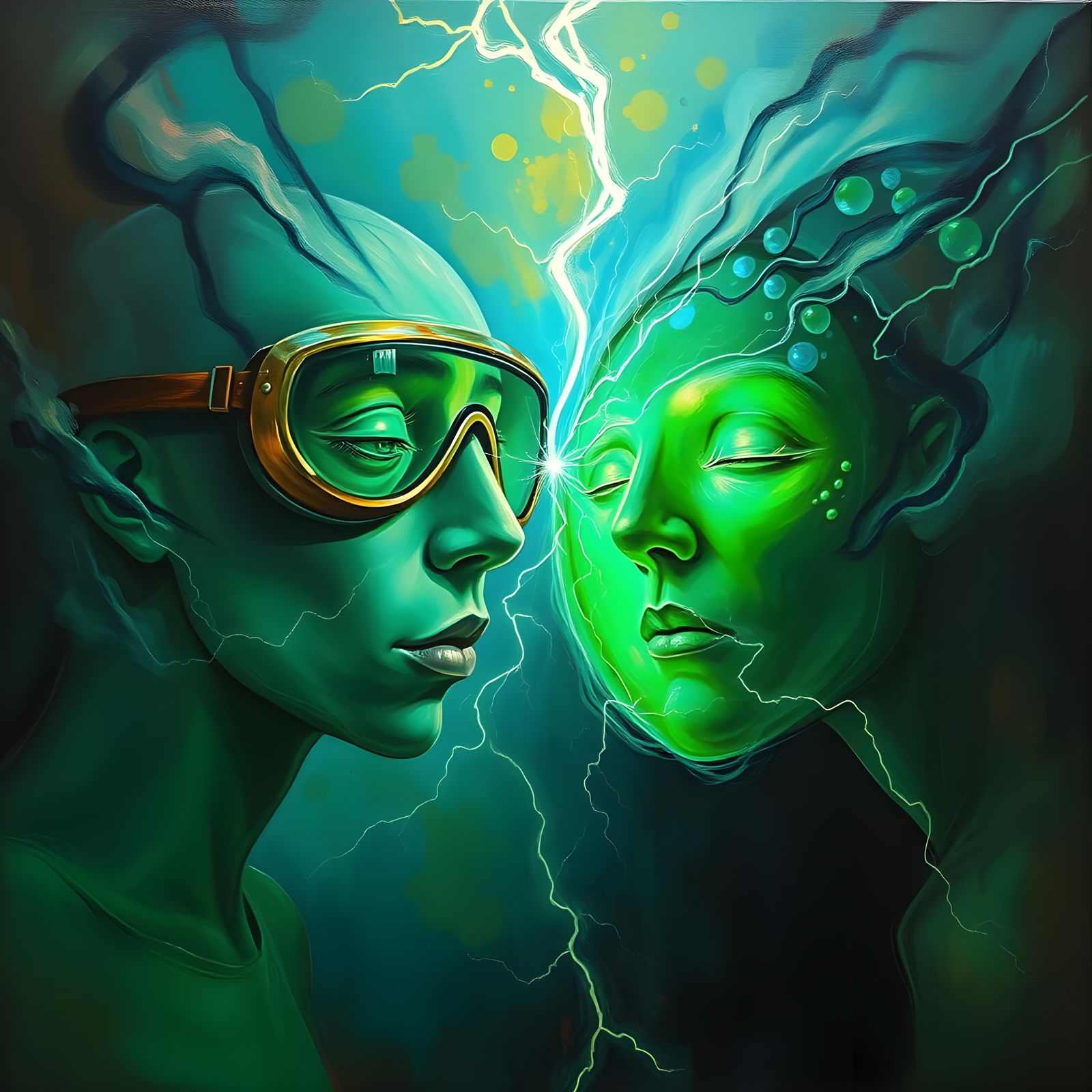 Surreal Oil Painting of Thunder Goggles and Green Entity