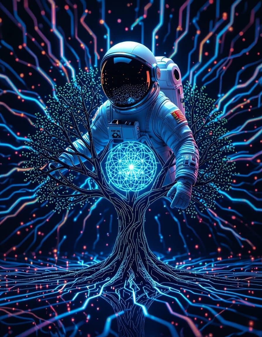 Astronaut and Tree of Life Amidst Electric Neon Lines
