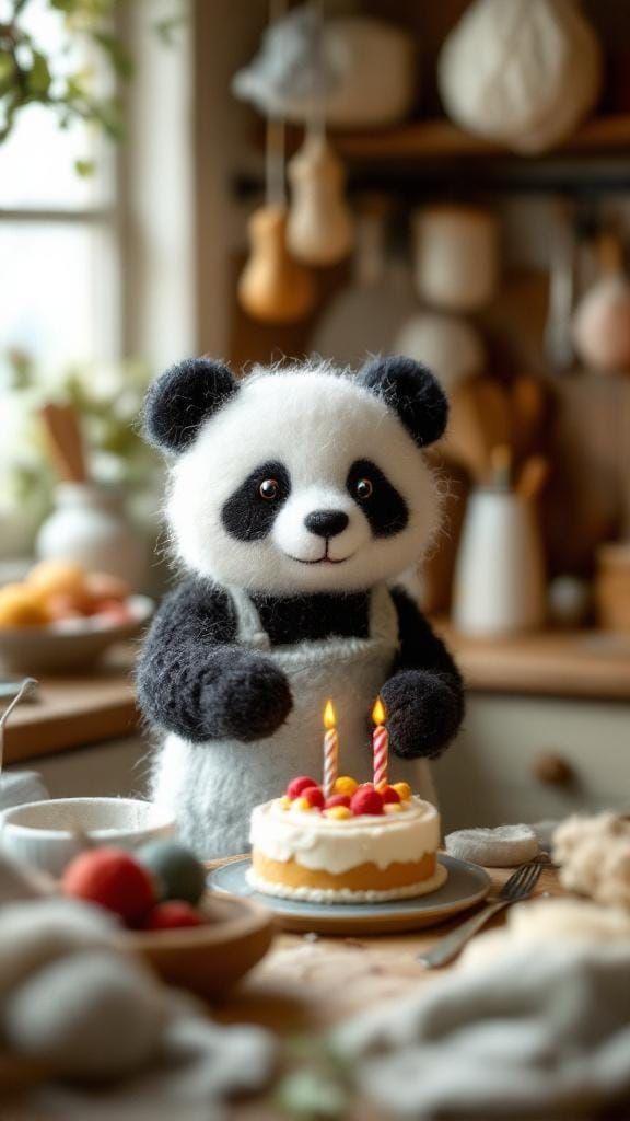 Yarn Panda Baking: Whimsical Scene in Storybook Style