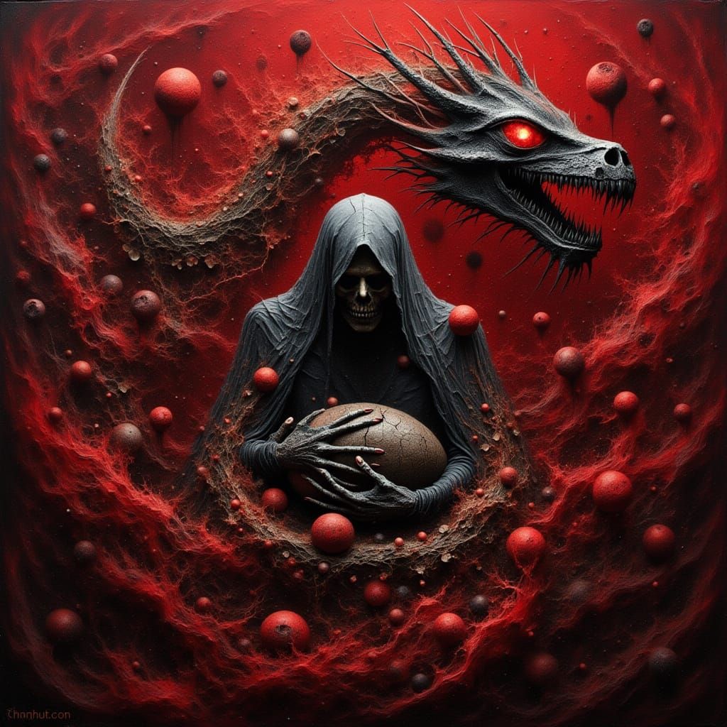 Macabre Guardian Holds Dragon Egg in Nightmare Scene