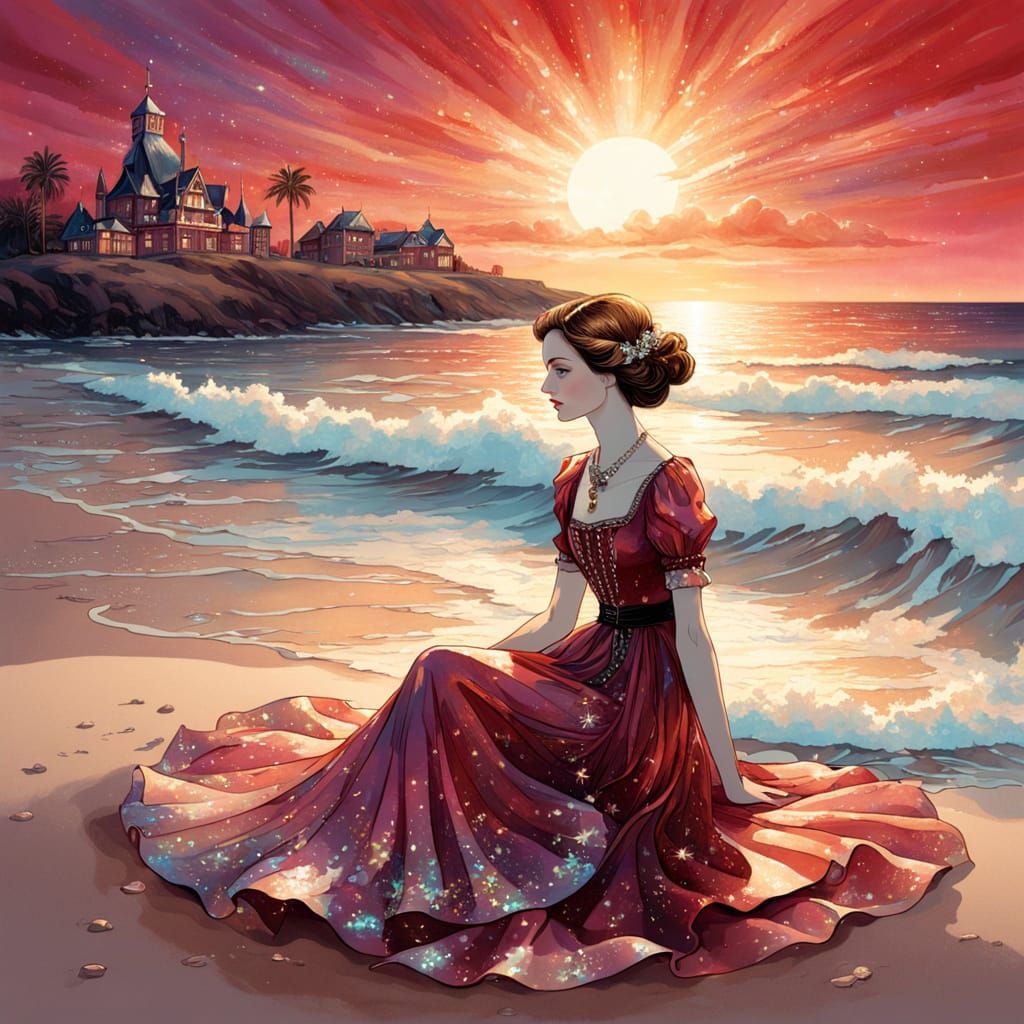 Victorian-Era Woman Basks in Iridescent Beach Scene