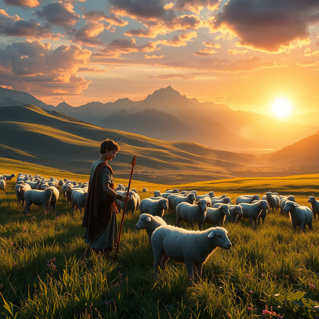 Young King David Shepherding Sheep: Matte Painting