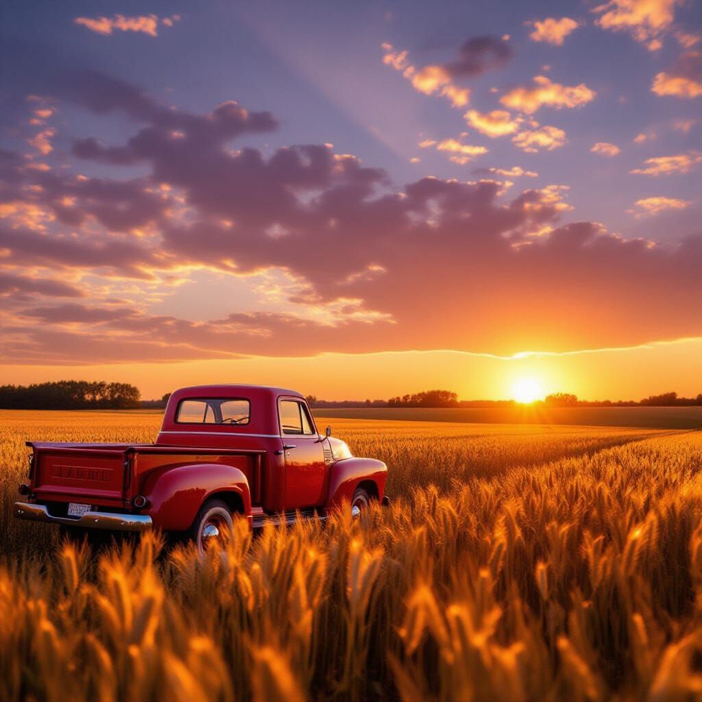 Vintage Red Pickup Truck at Sunset in Wheat Field