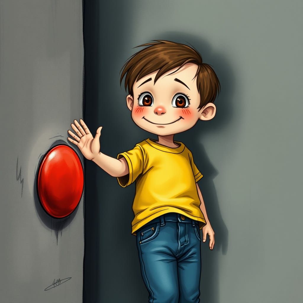 Whimsical Child Hesitates Before Red Button in Moody Lightin...