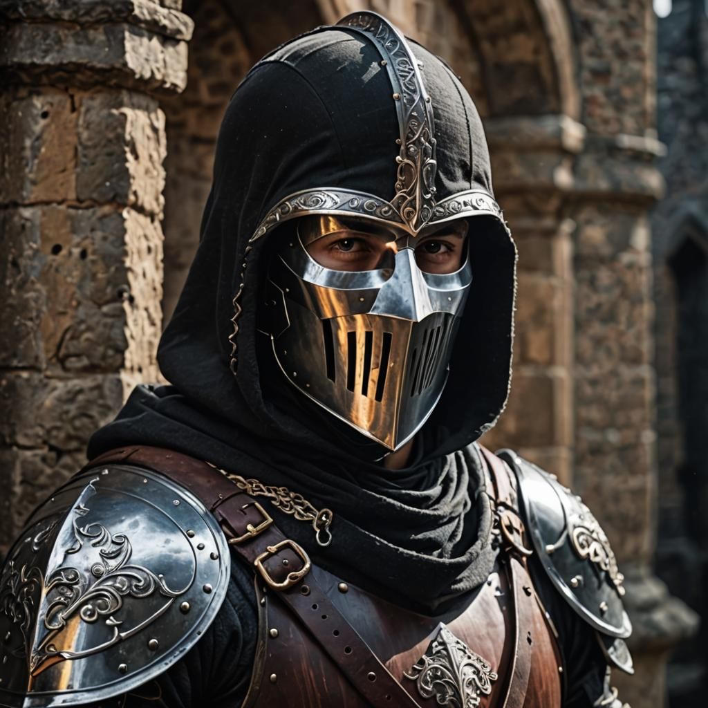 Masked Knight in Hood Close-Up