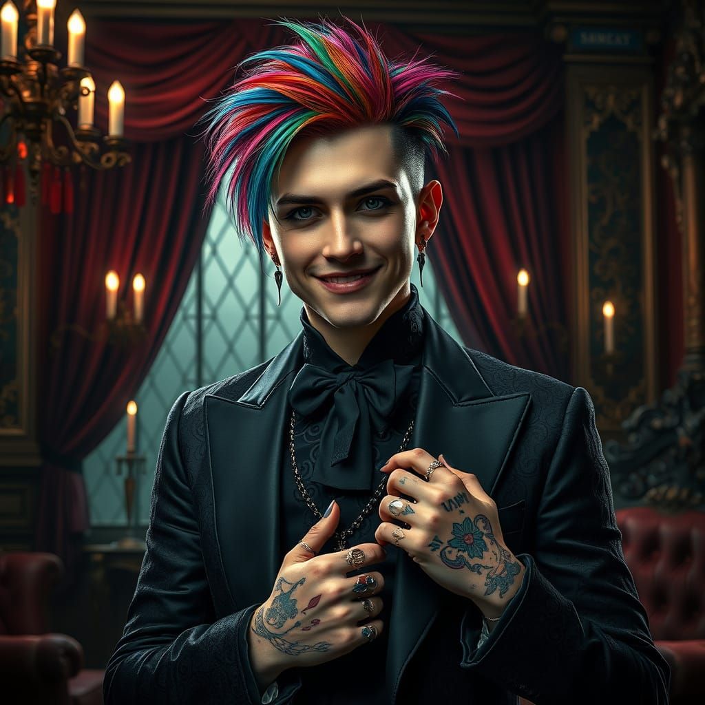 Gothic Rocker in Victorian Suit, Hyperrealistic Style