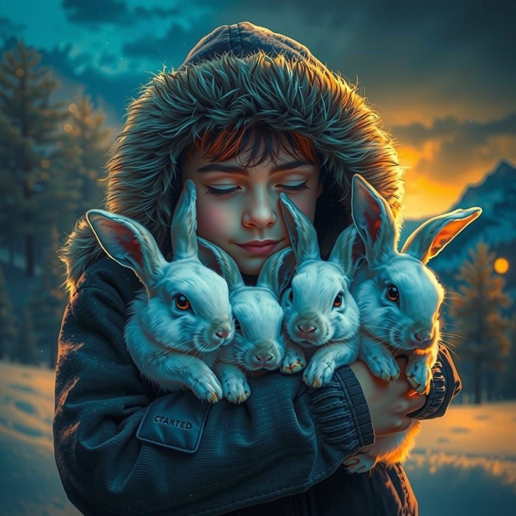 Winter Wonderland with Boy and Rabbits in Golden Nighttime S...