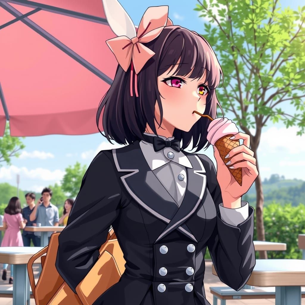 A real pretty cute emo anime girl in a full tuxedo dress eat...