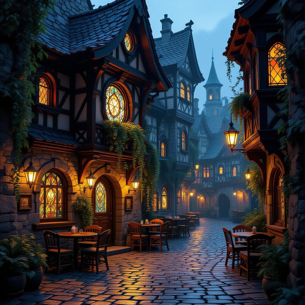 Fairy Tale Tavern in Modern Alley with Golden Light