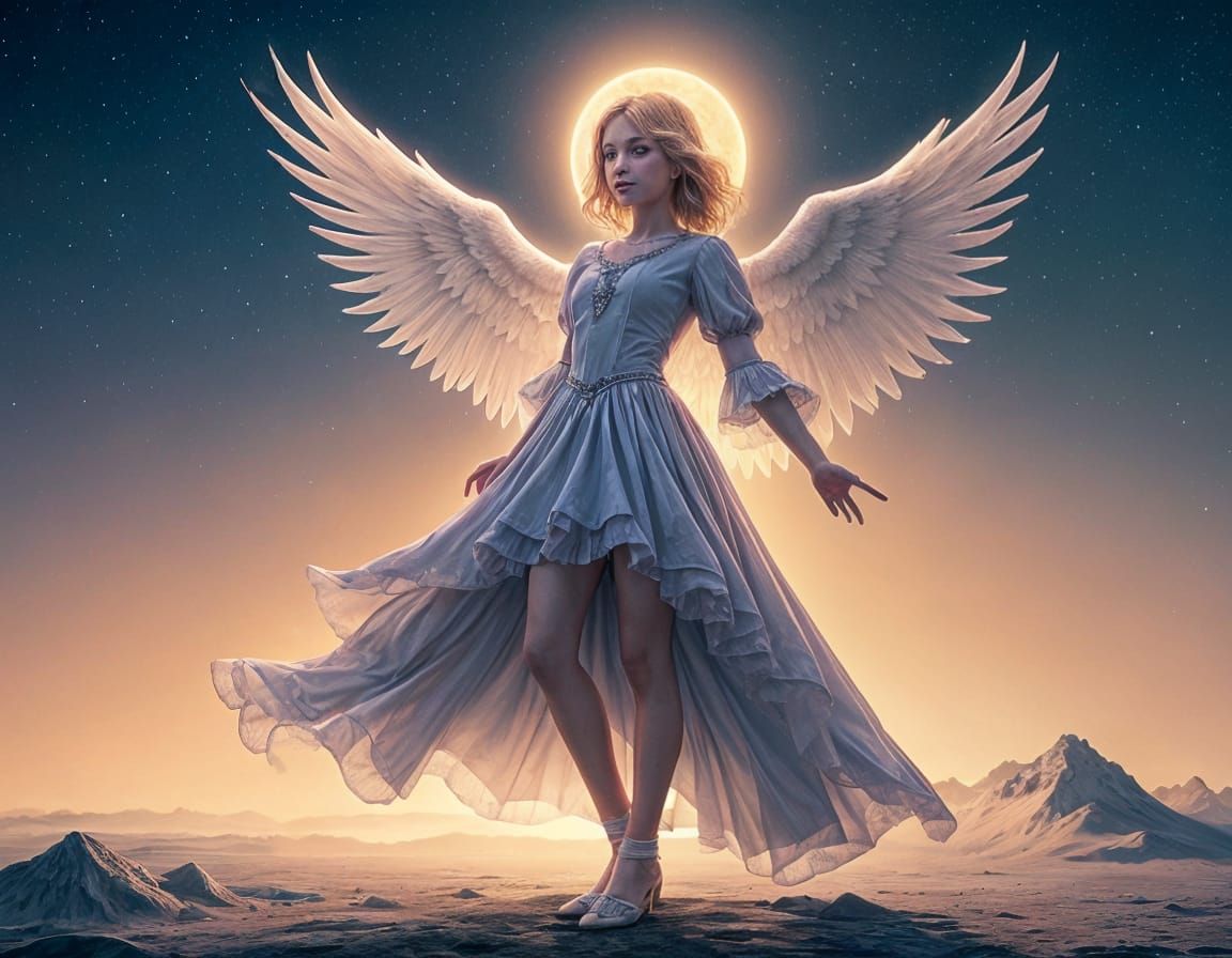Surreal Angel Child Holding Crystal Heart on Moon