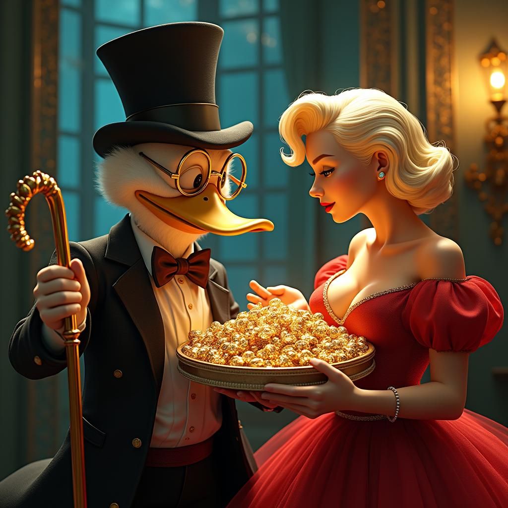 Dagobert Duck Displays Gold to Marilyn, Art Deco Style