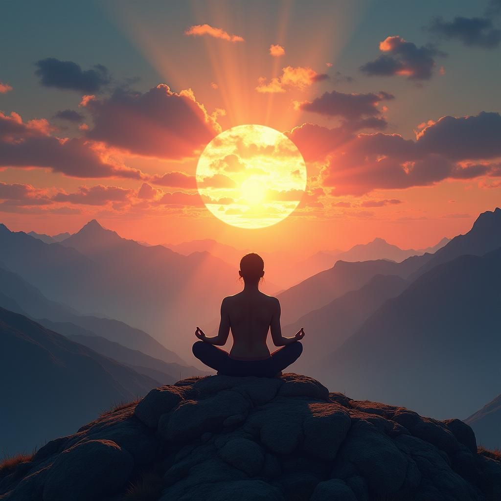 Meditating Figure Amidst Kaleidoscopic Sun Rays