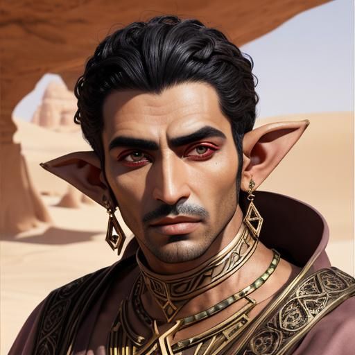 Elf-like Arab Man with Gold Skin and Pink Eyes