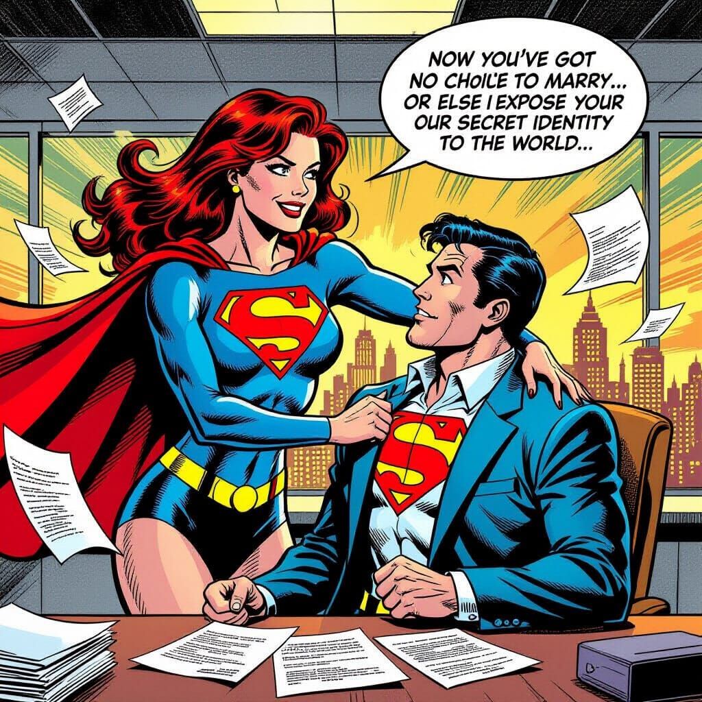 Superheroine's Office Confrontation in Classic Comic Style