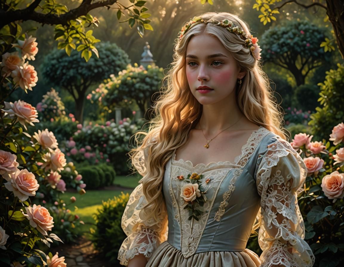 Regal Woman in Garden at Dawn: Chiaroscuro Oil Painting