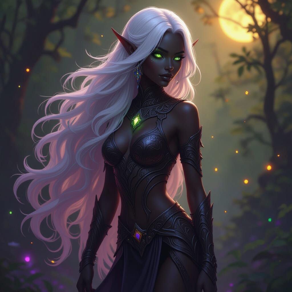 Elf with Ebony Skin and Bioluminescent Armor