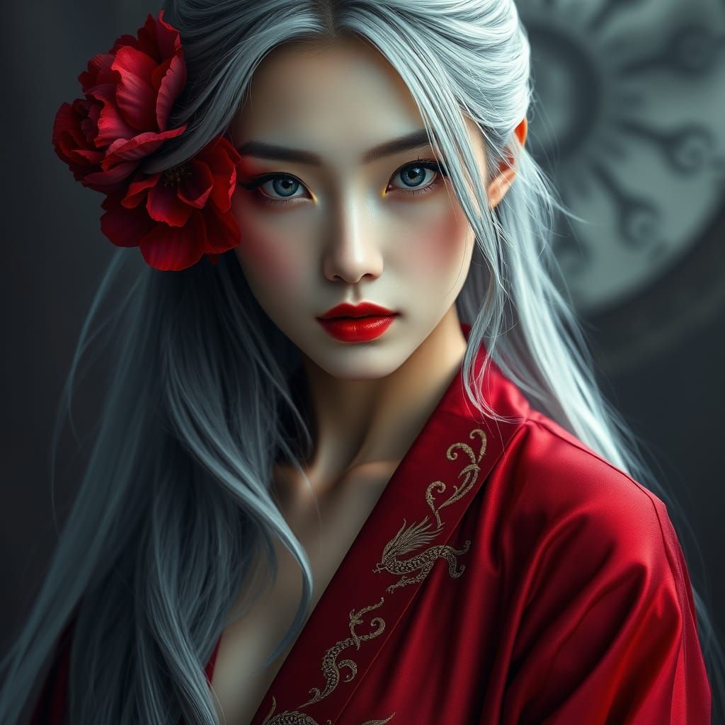 Serene Asian Goddess in Burgundy Silk, with Silver Hair and ...