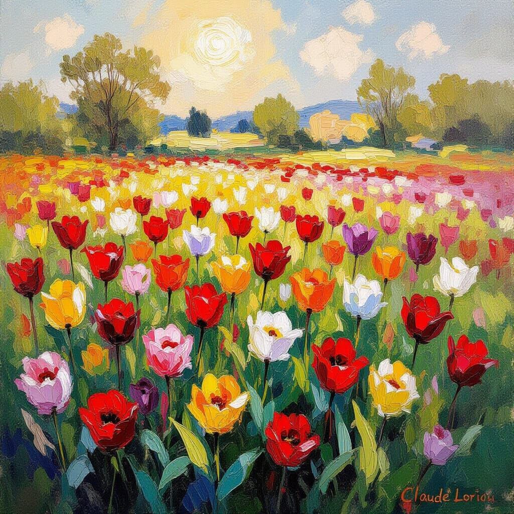 Vibrant Tulips Swaying in Impressionist Sunlight
