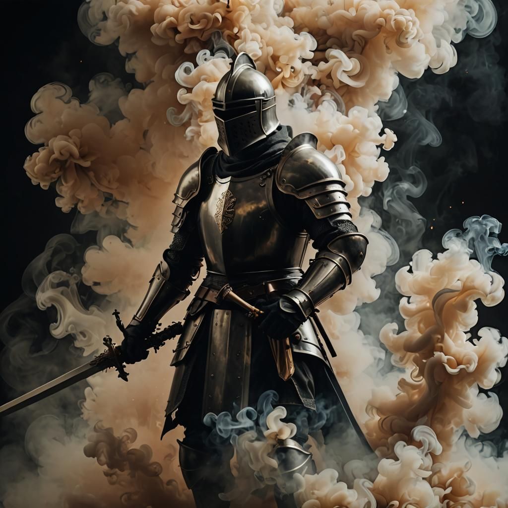 Smoke Knight Silhouette in Smoke Painting Style