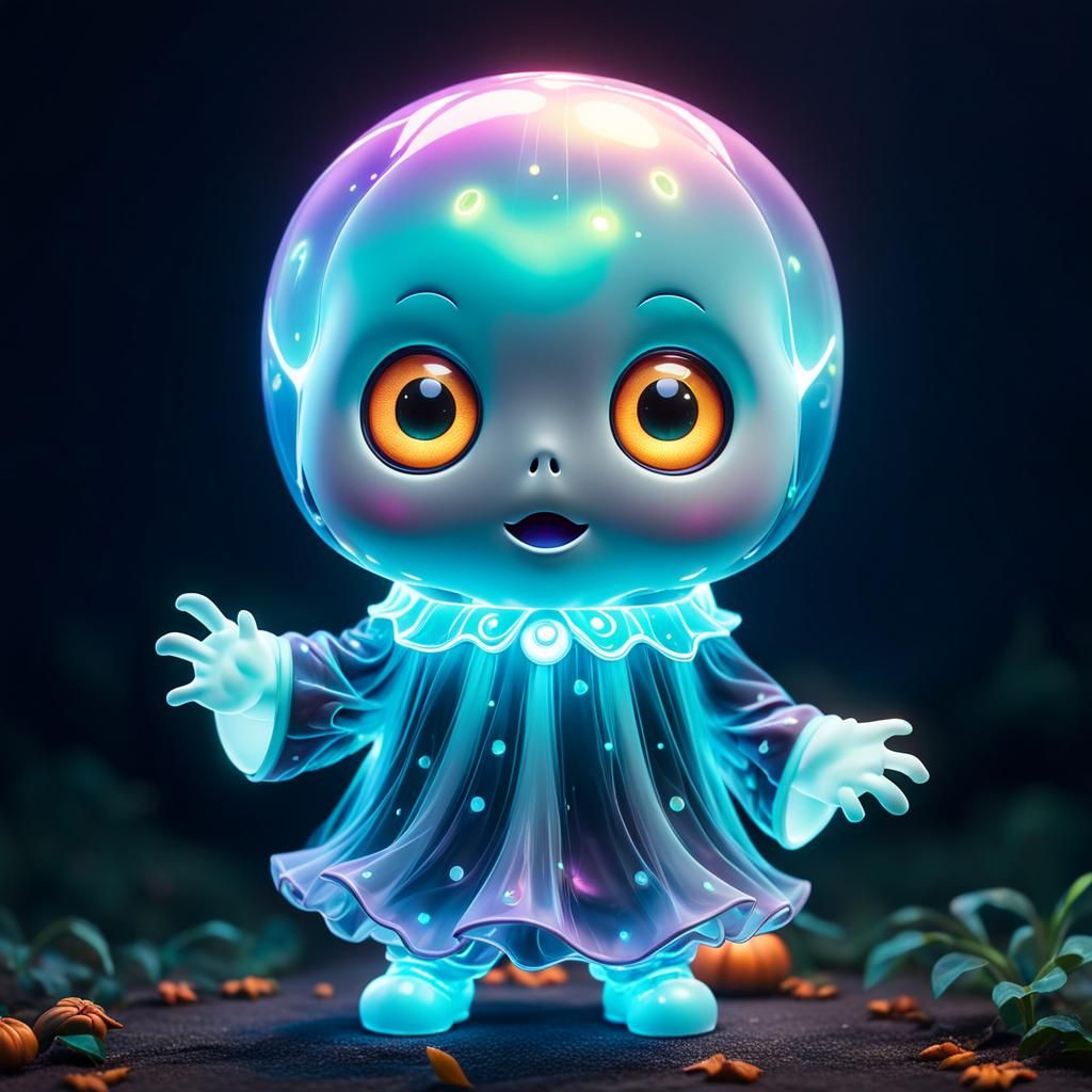 Adorable Chibi Ghost with Pumpkin in Electroluminescent Styl...