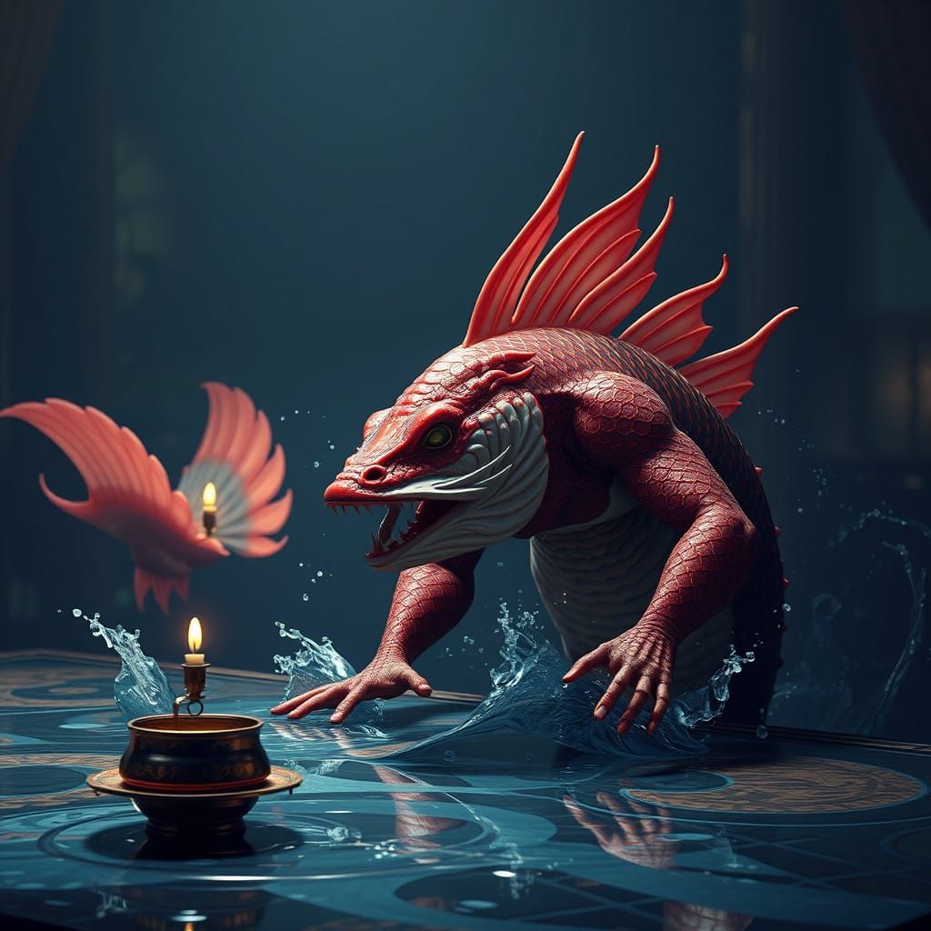 Merman Half Man Half Fish Silhouetted Against a Deep Fantasy...