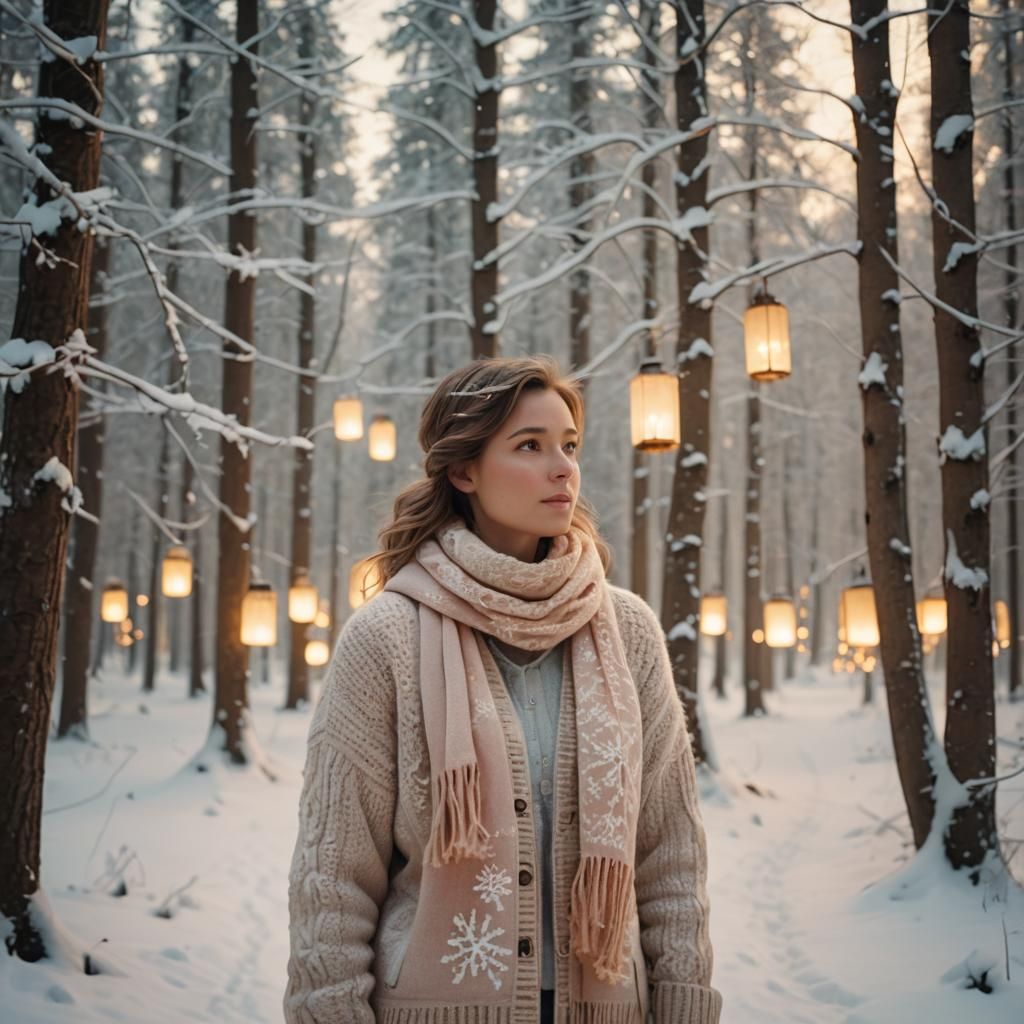 Woman in Winter Forest with Golden Light