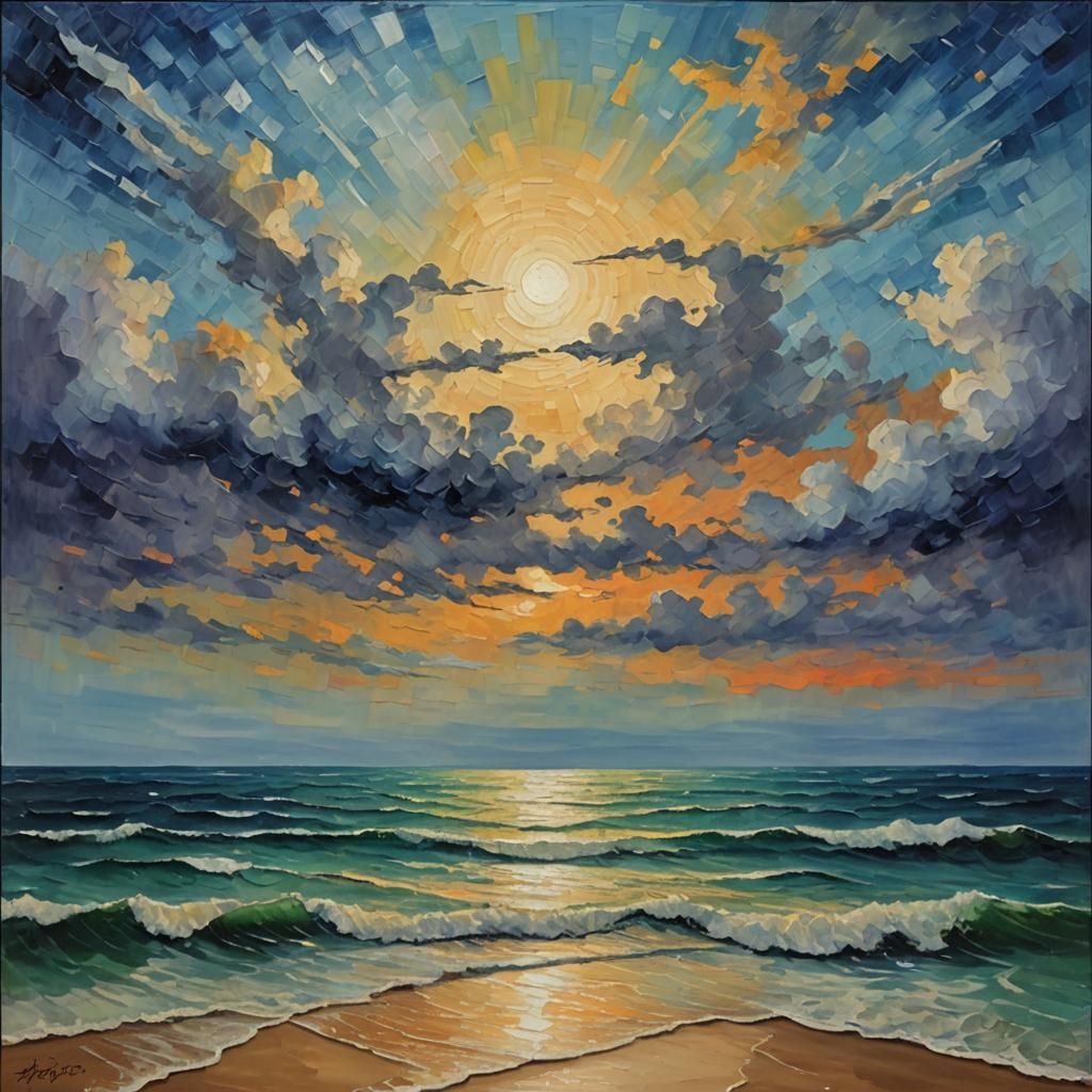 Colorful Neo-Impressionist Seascape Oil Painting