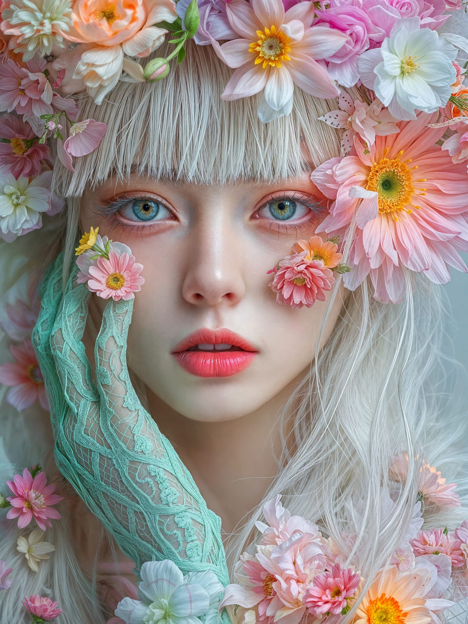 Ethereal Russian Flower Queen in Pastel Hues and Vintage Lac...