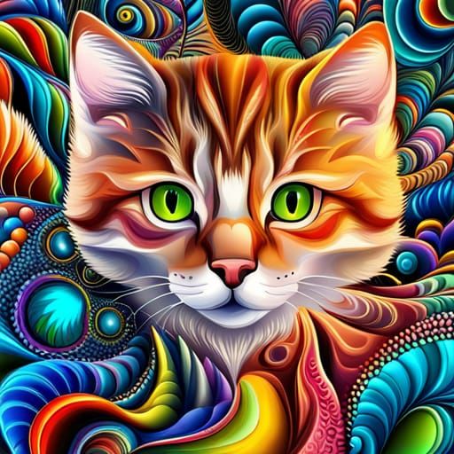 Whimsical Zentangle Kitten in Bright Fractal Colors