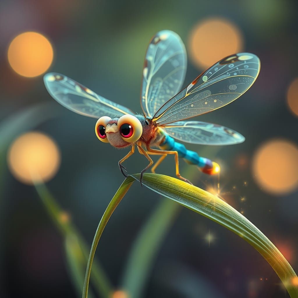 Cute Dragonfly with Glowing Wings on Magical Grass