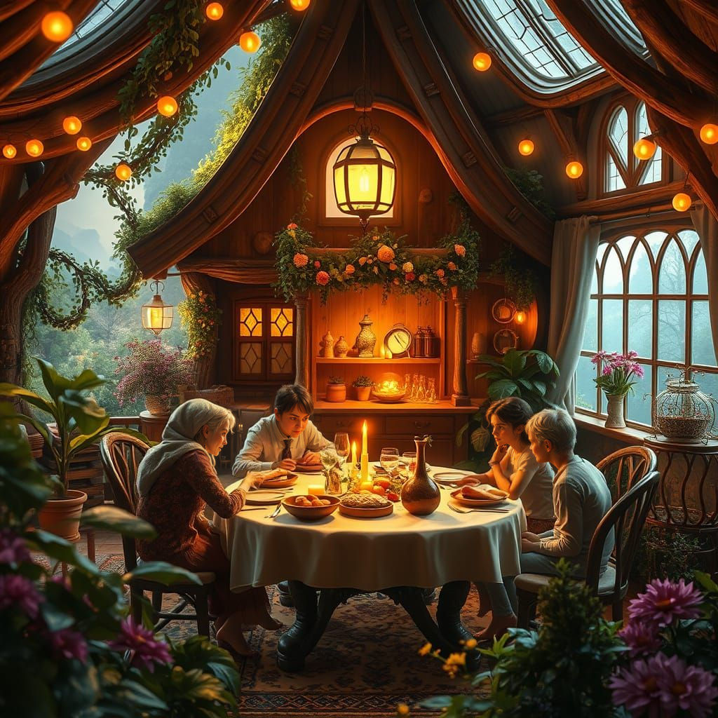 Whimsical Family Dinner Scene in a Cozy Fantasy Cottage