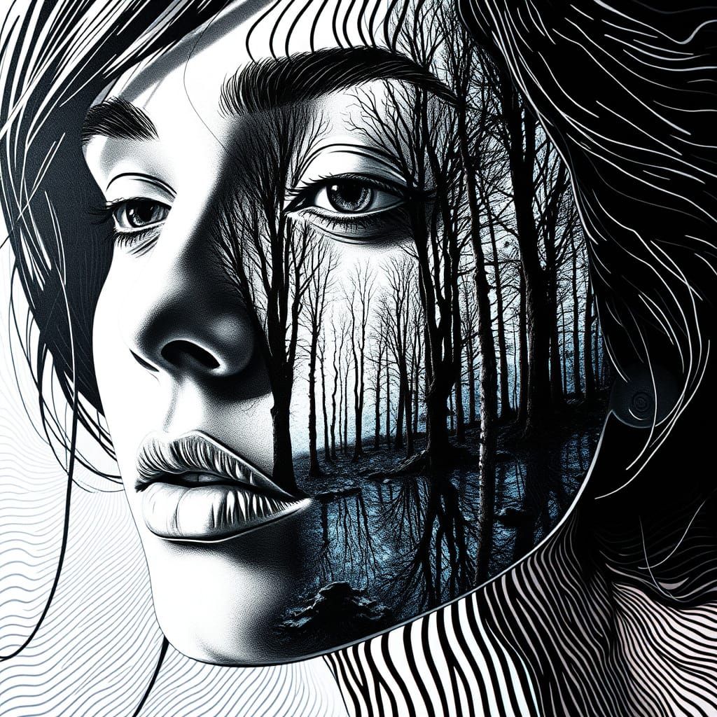 Psychedelic Op-Art Portrait with Hidden Forest, 3D Effects