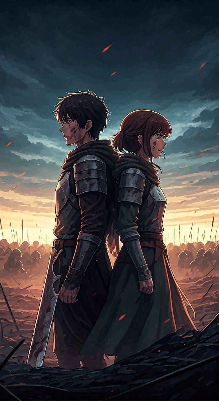 Lovers on Battlefield in Anime Style Digital Painting